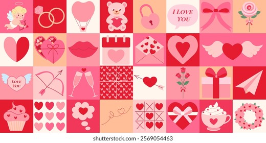 A geometric pattern of Valentine's Day themed images including hearts, teddy bears, and cupcakes