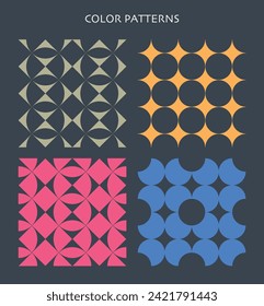 Geometric pattern vector abstract circle, triangle and square line art. Yellow, blue, red and green color, fashion backgrounds set 