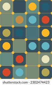 Geometric pattern vector background with geometry prints of squares, circles and line shape design. Grid with color geometrical shapes. 