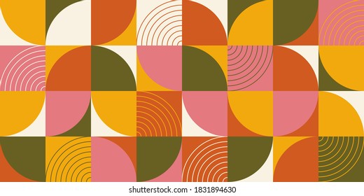 Geometrisches Muster, Vektorhintergrund mit skandinavischer abstrakter Farbe oder Schweizer Geometrieabdrucken von Rechtecken, Quadraten und Kreisen formen Design