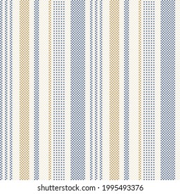 Geometric pattern vector with bayadere stripes in light blue, gold, beige, white. Seamless design for spring summer dress, shirt, other modern fashion textile print. Pixel background for fabrics.