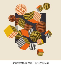 Geometric pattern vector illustration in retro 60s style. Vintage 1970s geometry shapes graphic abstract design element for invitation, header, poster, cover. 
