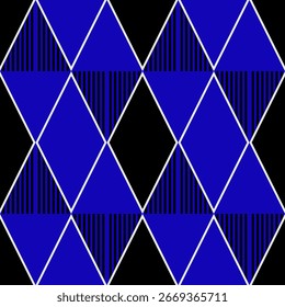 Geometric pattern vector with stripes in triangle and bold line in black, blue, white. Diamond pattern seamless. Concept of abstract, modern, simple, motifs for paper, fashion, textiles, background.