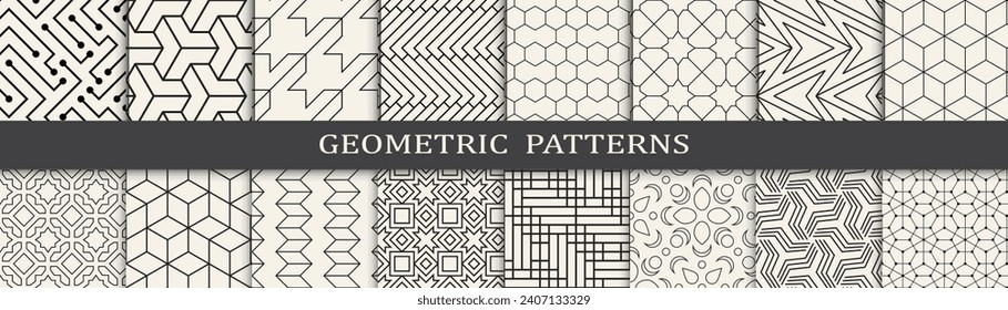 Geometric pattern vintage art set. Black and white simple minimal pattern set.