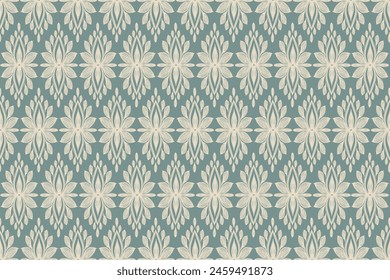 Geometric pattern wallpaper. Damask flower pattern white lotus sage green vintage boho Ikat embroidery ethnic design vector illustration