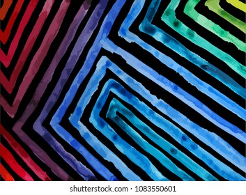 Geometric pattern watercolor painting with triangle, circles, stripes elements. Abstract pattern hand drawn brushes template. Colorful ornament.