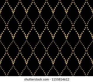 The geometric pattern with wavy lines, points. Seamless vector background. Gold and black texture. Simple lattice graphic design