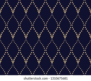 The geometric pattern with wavy lines, points. Seamless vector background. Dark blue and gold texture. Simple lattice graphic design
