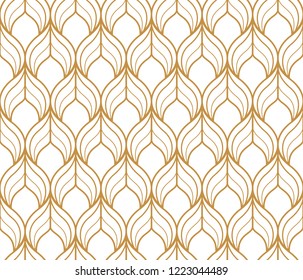 The geometric pattern with wavy lines. Seamless vector background. White and gold texture. Simple lattice graphic design