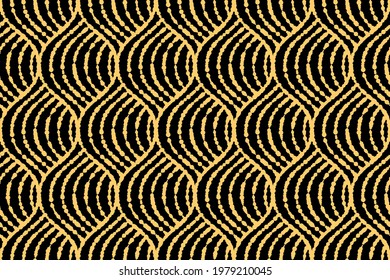 The geometric pattern with wavy lines. Seamless vector background. Gold and black texture. Simple lattice graphic design