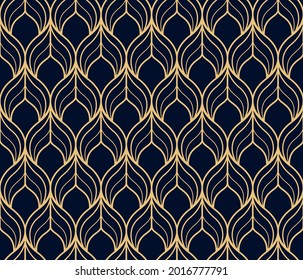 The geometric pattern with wavy lines. Seamless vector background. Gold and dark blue texture. Simple lattice graphic design