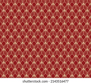 The geometric pattern with wavy lines. Seamless vector background. Gold and red texture. Simple lattice graphic design