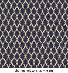 The geometric pattern with wavy stripes. Seamless vector background. Dark blue and gold texture.