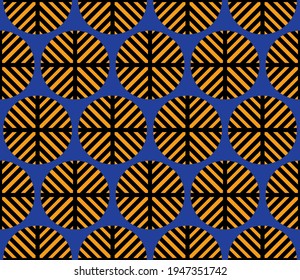 geometric pattern:
yellow circles with black striped ornaments 
on a blue background