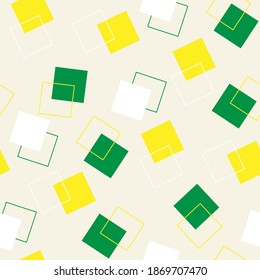 Geometric pattern of yellow and green squares. Geometric shapes are scattered randomly over the yellow background. Abstract elements. Vector illustration, flat style.