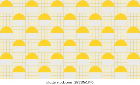 Geometric pattern with yellow semi circles and grid lines on grey background