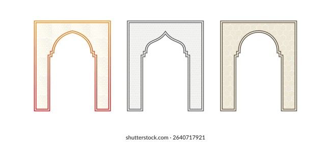 Geometric patterned oriental arch frame with Islamic inspired outlines and decorative line symmetry in cultural architectural vector art illustration template.