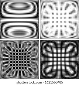 Geometric patterns in 3D spherical shape. Convex textures set. Vector art.