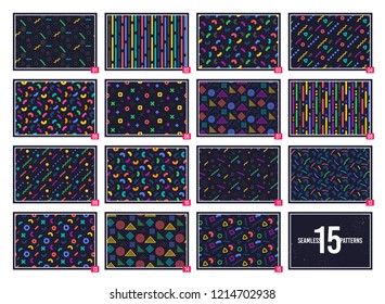 Geometric patterns - abstract seamless textures with colorful patterns. Geometric figures or shapes. Swatches with graphic elements. Hipster fashion Memphis style textures. Abstract decoration. Vector