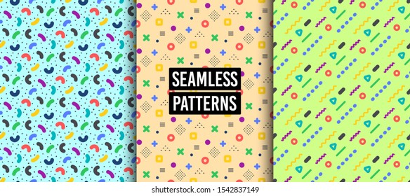 Geometric patterns - abstract seamless textures with colorful patterns. Geometric figures or shapes. Swatches with graphic elements. Hipster fashion Memphis style textures. Abstract decoration. Vector