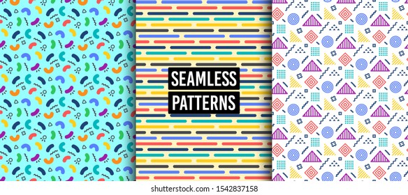 Geometric patterns. Abstract seamless textures with colorful patterns. Geometric figures or shapes. Swatches with graphic elements. Hipster fashion Memphis style textures. Abstract decoration. Vector