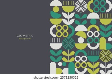 Geometric patterns of abstract shapes such as circles, half-circles, lines, and leaf-like forms. The shades are green, teal, yellow, black, and white. The design is minimalistic and nature-inspired.