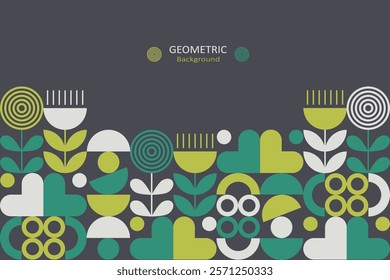 Geometric patterns of abstract shapes such as circles, half-circles, lines, and leaf-like forms. The shades are green, teal, yellow, black, and white. The design is nature-inspired.