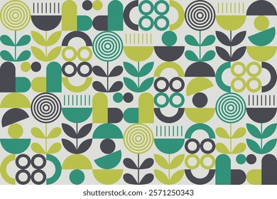 Geometric patterns of abstract shapes such as circles, half-circles, lines, and leaf-like forms. The shades are green, teal, yellow, black, and white. The design is minimalistic and nature-inspired.