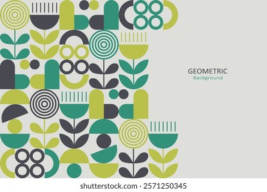 Geometric patterns of abstract shapes such as circles, half-circles, lines, and leaf-like forms. The shades are green, teal, yellow, black, and white. The design is minimalistic and nature-inspired.