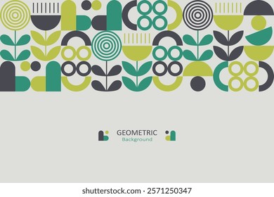 Geometric patterns of abstract shapes such as circles, half-circles, lines, and leaf-like forms. The shades are green, teal, yellow, black, and white. The design is minimalistic and nature-inspired