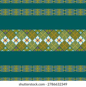 Geometric patterns adorn a deep teal background. Bright yellows, greens, and purples form intricate, repeating designs. White diamond shapes with floral centers stand out prominently.