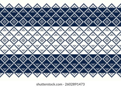 Geometric Patterns in Blue Shades, Traditional Cross-Stitch and Pixel Art Style, Decorative Textile Background for Fabric,Cloth,Dress,Carpet, Wallpaper, Scrapbooking,and Digital Design