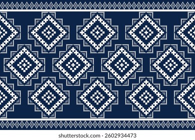 Geometric Patterns in Blue Shades, Traditional Cross-Stitch and Pixel Art Style, Decorative Textile Background for Fabric,Cloth,Dress,Carpet, Wallpaper, Scrapbooking,and Digital Design