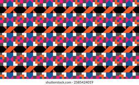 Geometric patterns with bold, almost dizzying designs. Colors and shapes alternate in complex and dynamic sequences, creating busy and interesting visual patterns