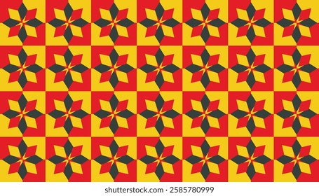 Geometric patterns with bold color schemes and symmetrical designs. The most prominent element is the floral or star motif. This motif is created from four diamond shapes that overlap or intersect