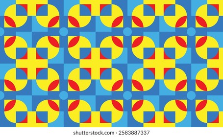 Geometric patterns with a bold modern aesthetic. The patterns are built from a series of interlocking shapes, mainly colorful circles and squares