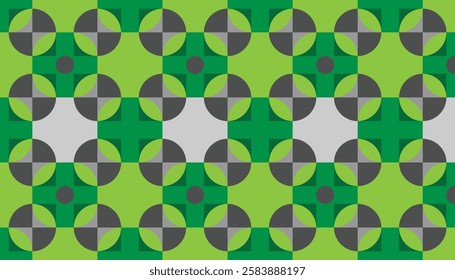 Geometric patterns with a bold modern aesthetic of a combination of interlocking shapes, especially circles and squares. The pattern is a combination of green, black and gray