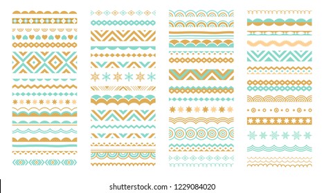 Geometric patterns, borders, decorative design elemenis set. Traditional greeting ornaments collection.