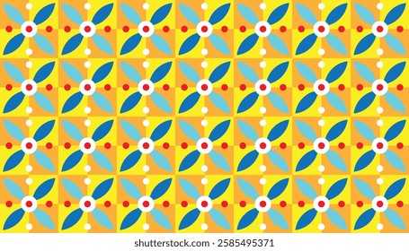 Geometric patterns with bright color schemes and stylish floral motifs. The floral motifs are stylized, with simplified and somewhat abstract shapes