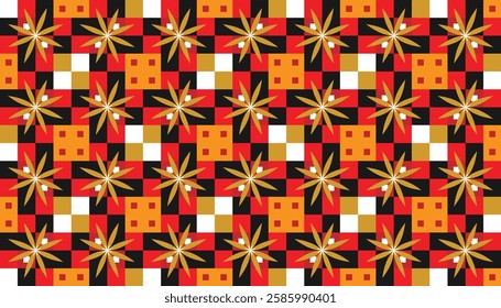 Geometric patterns with bright color schemes and distinct starburst or asterisk motifs