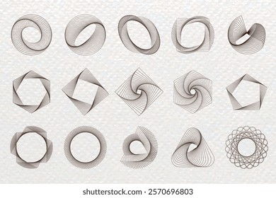 Geometric patterns in brown on white background. Circular, hexagonal, and triangular designs. Geometric shapes create intricate, abstract patterns. Geometric elements, vector set.