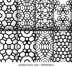 geometric patterns of the cells. seamless set of eight patterns. vector illustration. black and white. for the design, printing, wallpaper