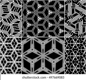 geometric patterns. cube. seamless set of 6 patterns. vector illustration. white color on black