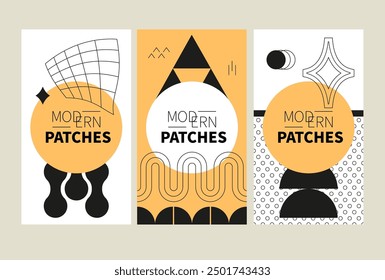 Geometric patterns and curves - set of vector template illustrations on white background with place for your info. Three vertical posters of high quality for your business. Grid, triangle, circle