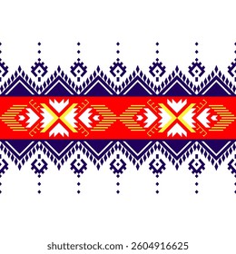 Geometric patterns in deep red, yellow, navy blue, white and abstract florals create a rhythmic zigzag pattern. This design reflects the beauty of tribal and ethnic fabrics and cultural identity.