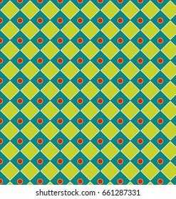 Geometric patterns with diamonds and red spots.