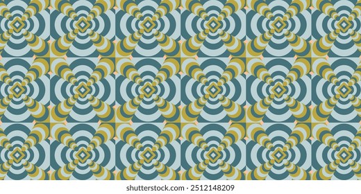 Geometric patterns with a distinct and intricate retro aesthetic, concentric circles and giving the illusion of depth and perspective, the color palette consists of muted colors.