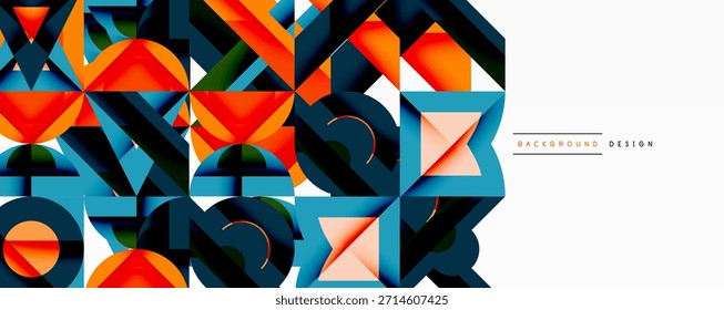 Geometric patterns dominate image. Bright colors, triangles, squares create modern abstract design. Minimalist aesthetic, clean lines visible.