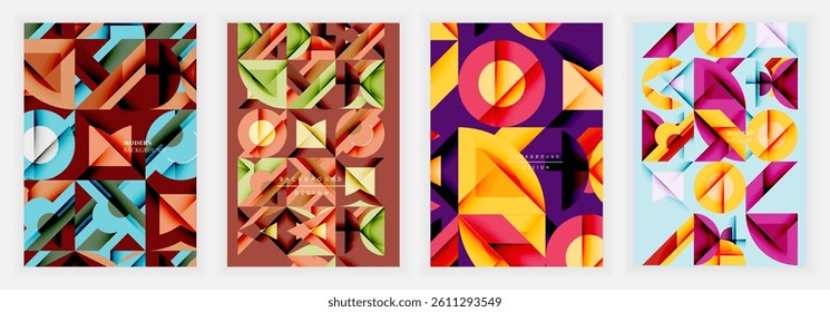 Geometric patterns dominate these vibrant backgrounds. Shapes overlap, creating depth, texture, modern aesthetic. Colors blend, offering dynamic visual experience.