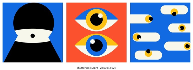 Padrões geométricos com olhos. Moderno abstrato mínimos fundos com formas simples de globo ocular, arte retrô moda para design de capa de cartaz. Conjunto de vetores